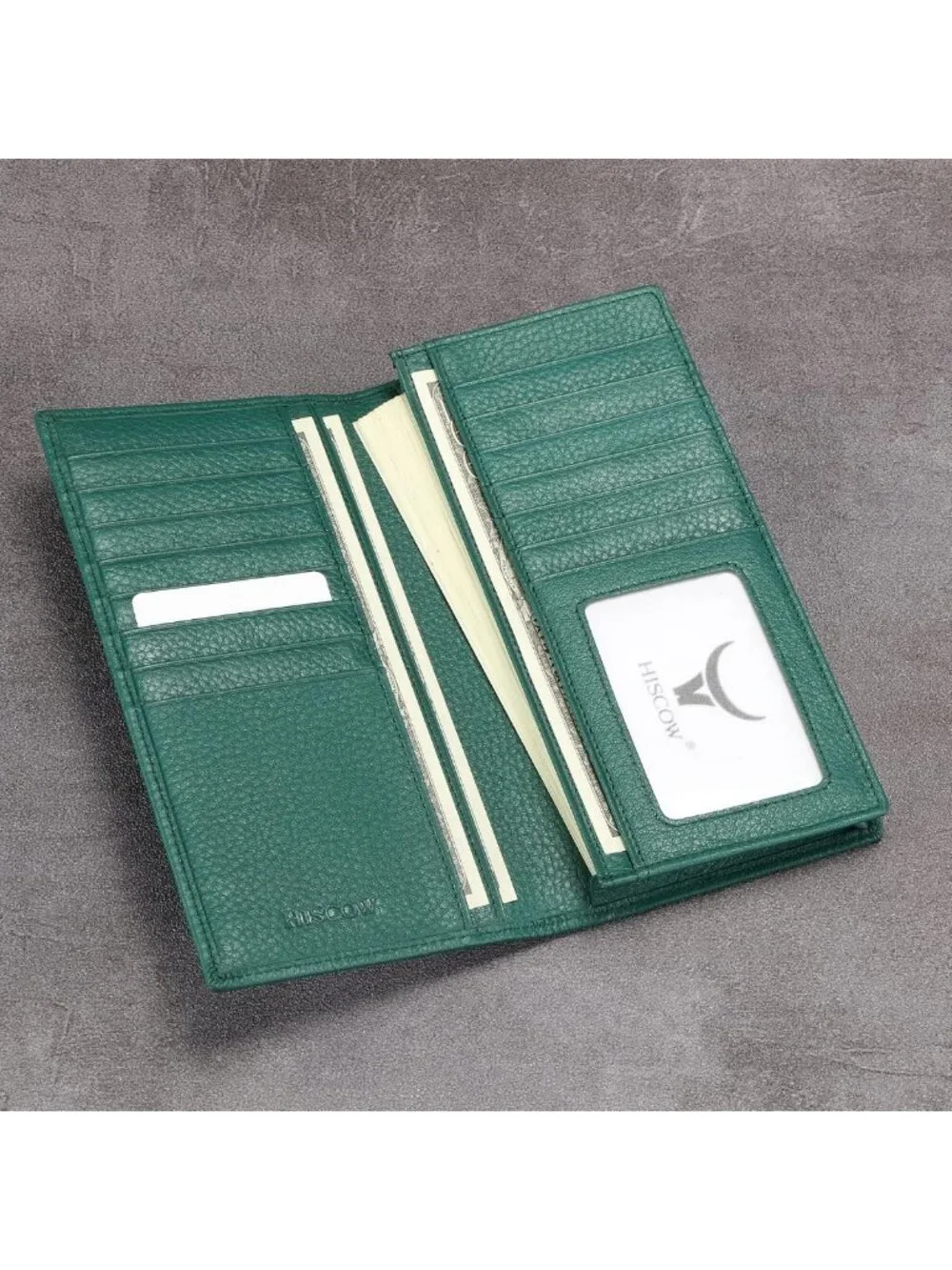 Men's Full Grain Leather Long Wallet - 15 Card Slots, Pebbled Green Design